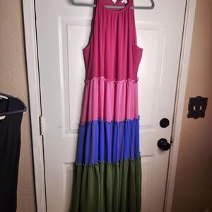 Chico's Colorblock Maxi Dress in Fuchsia, Pink, Blue & Olive